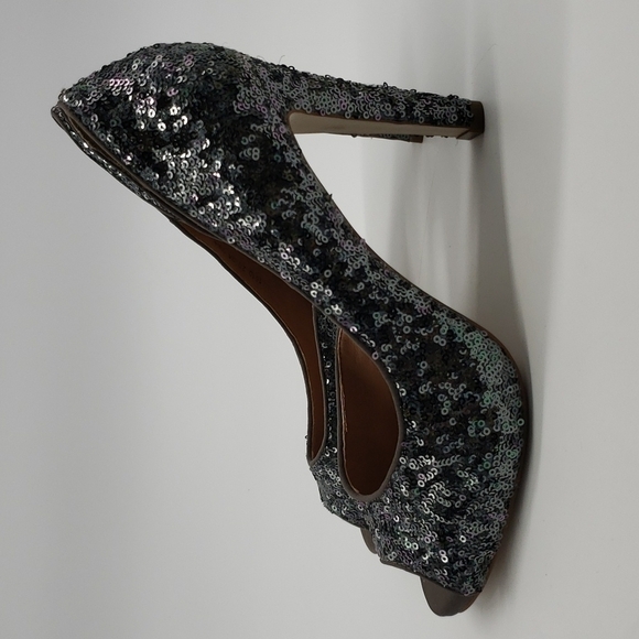 SHOESTOCK women US 10 EU 41 silver pewter heels peep toe sequin open Dorsay side - Picture 4 of 11